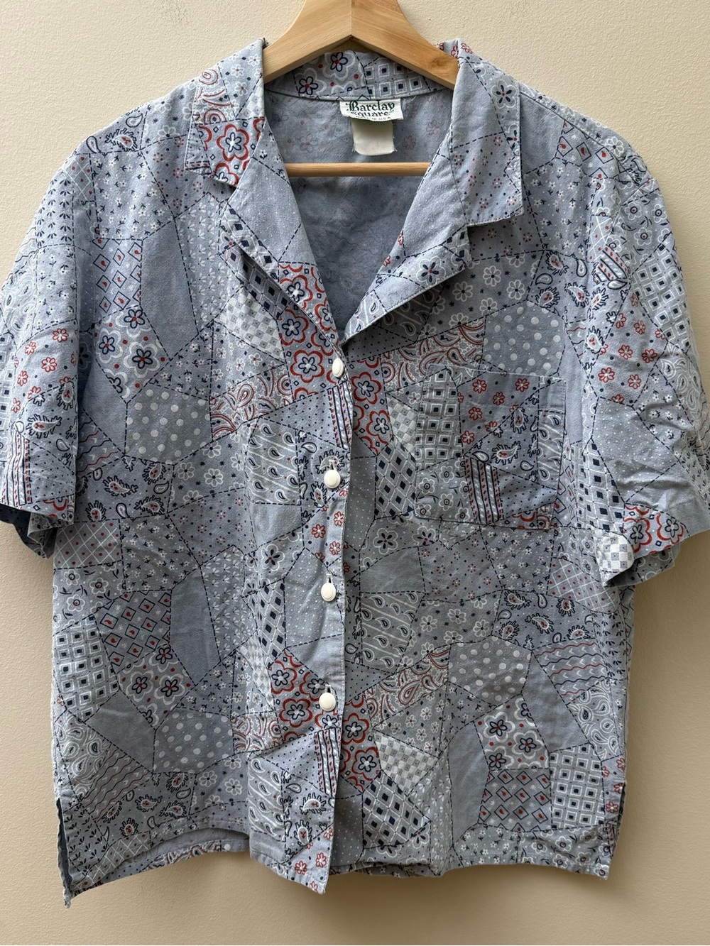 Vintage Americana Light Blue Patchwork Button-Down Shirt